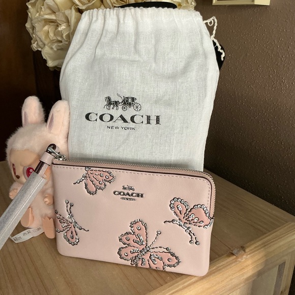 Coach Blush Butterfly Rivets Corner Zip Wristlet plus a Pop Mart lil’ Monster - Picture 7 of 15